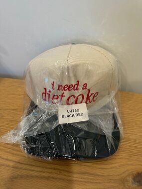 Zenana Outfitters Cream and Black Hat with Red Embroidered "I need a diet coke"